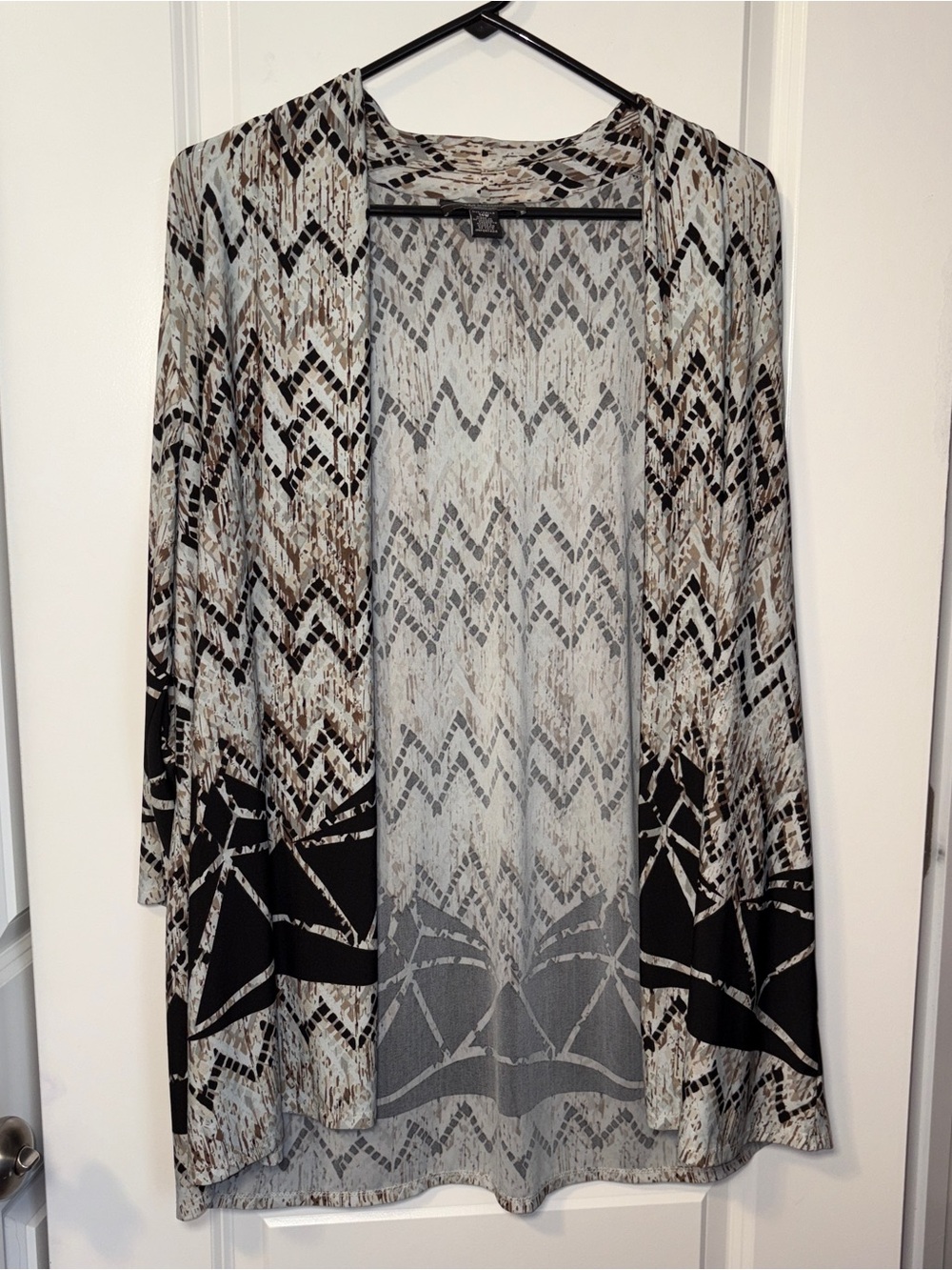 R&M Richards Open-Front Geometric Cardigan - Black, Cream, Brown 14W